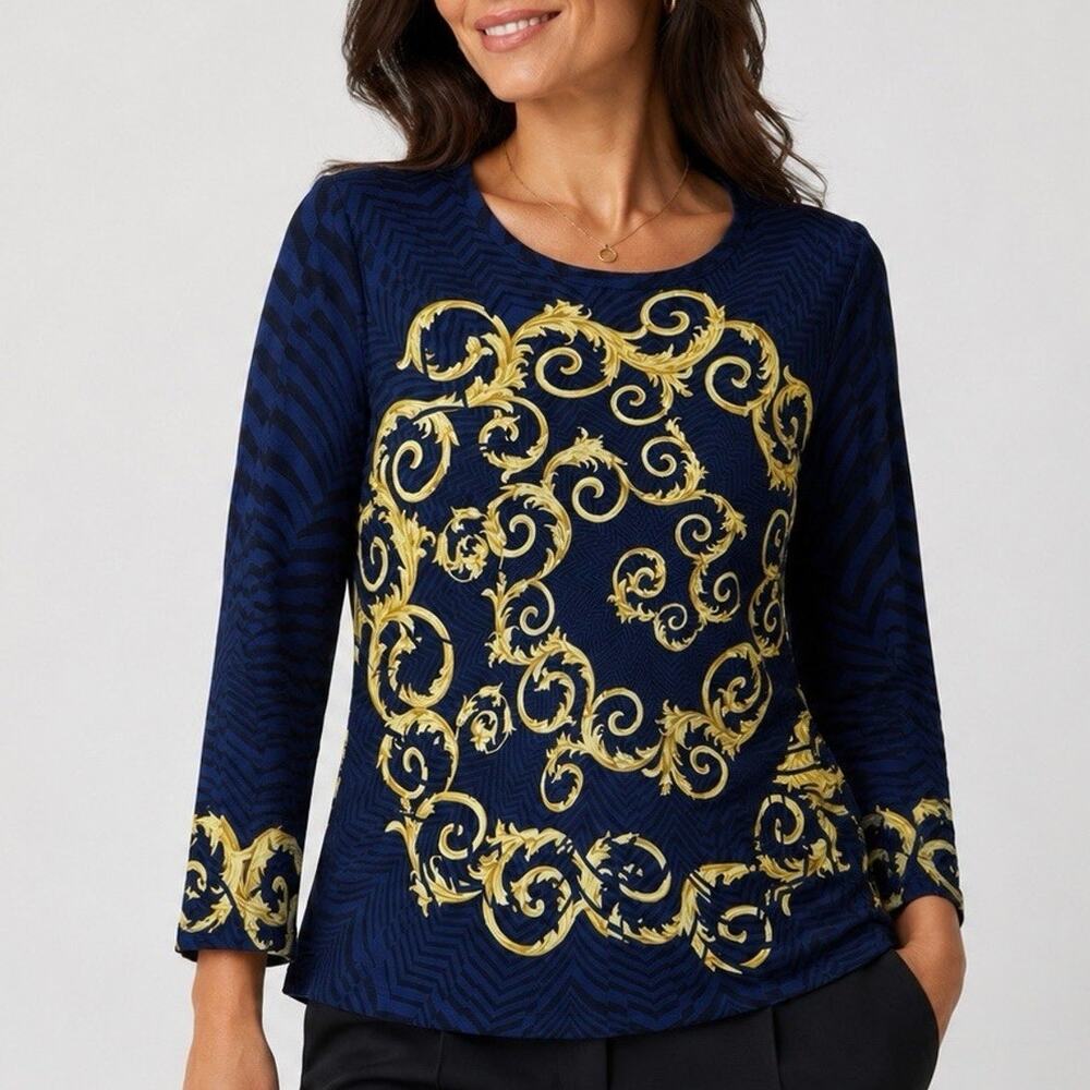 J McLaughlin Catalina Cloth Top Size Large Blue Gold Chevron Scroll Baroque